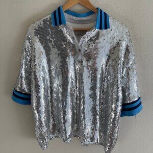 DOUBLE D RANCH Silver Sequined Blouse with Blue & Black Collar & Arms: NWT! XL